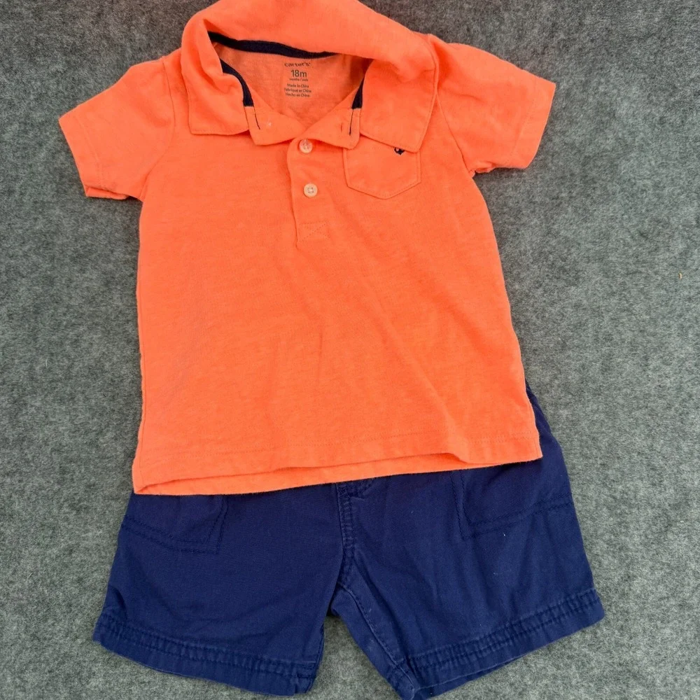 Carters Toddler Boy Shorts & Collared Shirt Outfits 18M Summer Blue Plaid Orange